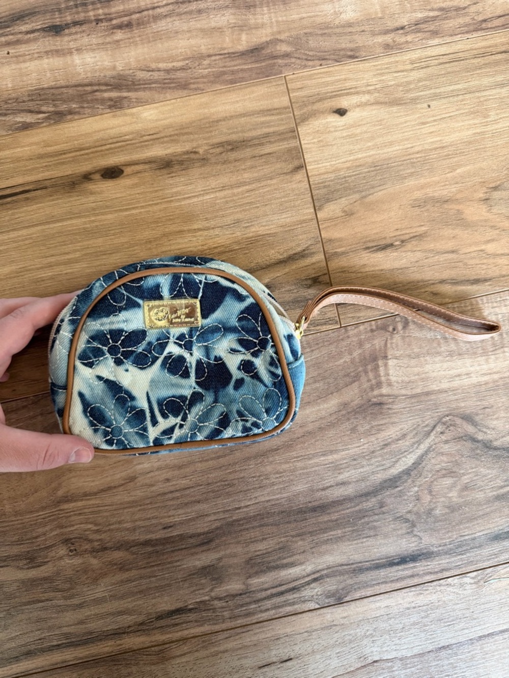 Betsey Johnson Acid washed denim Blue Floral Wristlet with Tan Strap